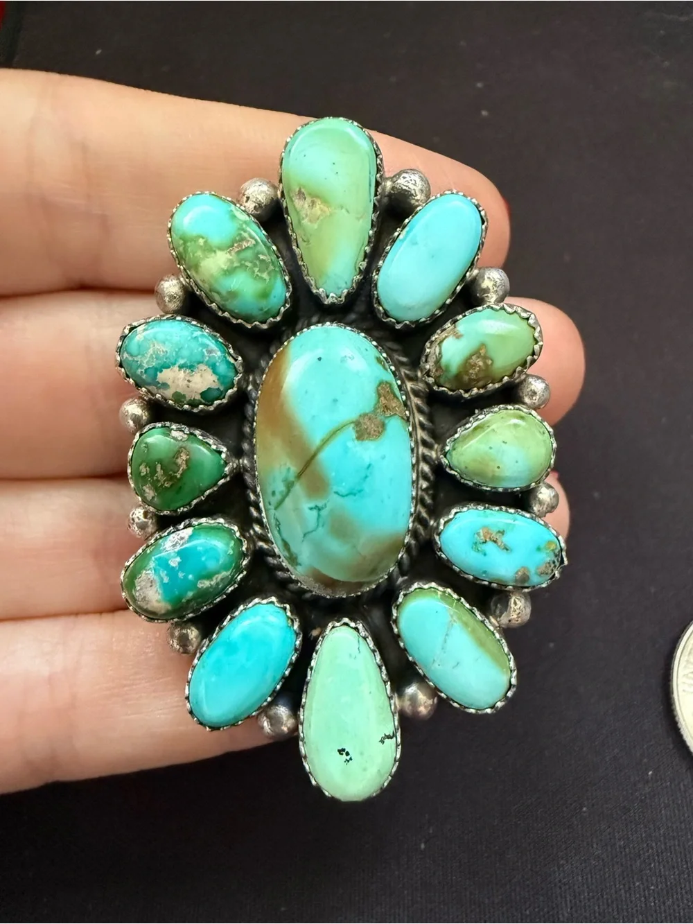 Navajo handmade monster sterling silver turquoise cluster ring. Adjustable band - Picture 4 of 6